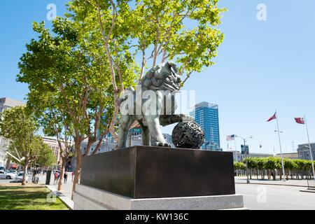 Japanese bronze guardian lion sculpture, dating to the late 19th century, outside the Asian Art Museum in the Civic Center neighborhood of San Francisco, California, 2016. Stock Photo