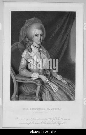 An etching from a portrait of Elizabeth Hamilton, she was the wife of Founding Father Alexander Hamilton, they had 8 children together, after her husbands death she worked to protect her husbands legacy, she also co-founded and served as first directress of the first private orphanage in New York City, 1846. From the New York Public Library. Stock Photo