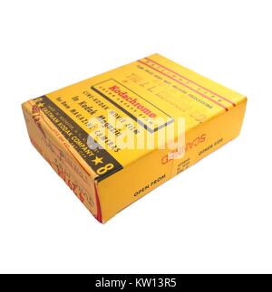 Yellow box for Kodak Kodachrome 8mm color movie film, manufactured by the Eastman Kodak Company, isolated on white background, 1958. Stock Photo