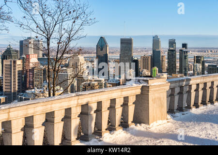 Montreal, CA - 26 December 2017: Montreal Skyline from Kondiaronk belvedere in winter after snowstorm. Stock Photo