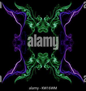 Green and violet abstract twisted smoke isolated on black background, formed in circles, projected as an infinity loop Stock Photo