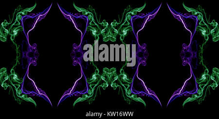 Green and violet abstract twisted smoke isolated on black background, formed in circles, projected as an infinity loop Stock Photo