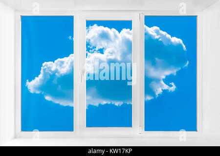 Plastic window with sky. White plastic three-chambered three-sided box Stock Photo
