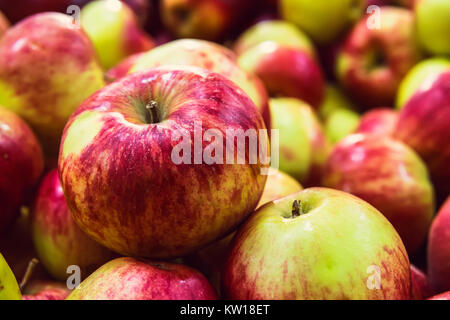 Red yellow Apple close-up. Turkish ripe apples on the counter in the store. Apples background Stock Photo
