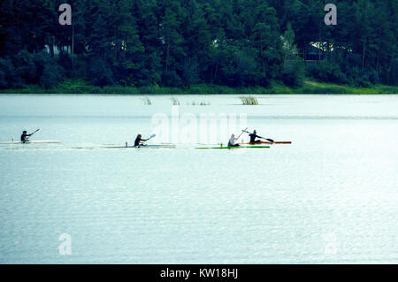 Women compete in rowing on kayaks. The competitions among women on the lake Stock Photo