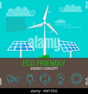 Environment, ecology infographic elements. Wind turbine and solar panels icons Stock Vector
