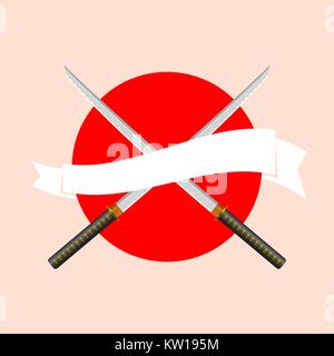 Japanese Katana swords with white Ribbon banner on the Japanese Flag background. Samurai sword logo. Vector illustration. Sushi Restaurant Menu. Stock Vector