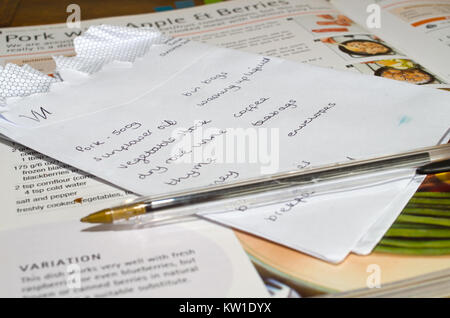 Shopping list written scribbled on a piece of scrap paper Uk Stock Photo