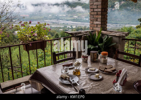 My breakfast overlooking the mountains in Racha region, Georgia on October 11, 2017 Stock Photo