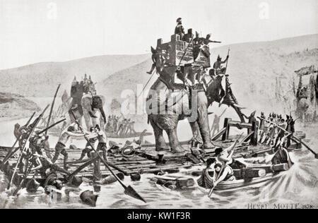 Hannibal's army crossing the Rhône in 218BC, seen here using rafts of wood to float his elephants and soldiers across the river. Hannibal Barca,247 –183/181 BC.  Carthaginian general.   From Hutchinson's History of the Nations, published 1915. Stock Photo