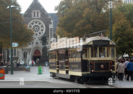 Tram leaves Cathedral Square, Christchurch, New Zealand, in the days before the big earthquake Stock Photo