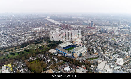 Stamford Bridge Home Ground Stadium of Chelsea Football Club 'The Blues' Aerial Helicopter View Iconic Famous Modern Soccer Arena in Fulham, England Stock Photo