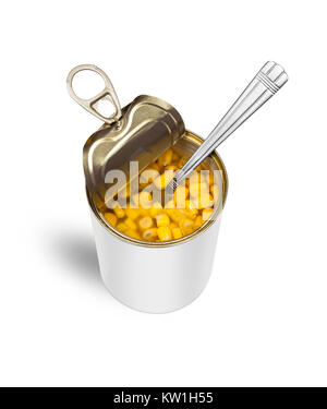 Sweet corn in an open tin can with a spoon. Top view. With clipping path. Stock Photo