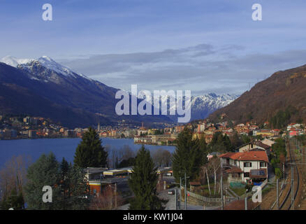 high snowy mountains, frame Omegna, a beautiful town on Lake Orta, Italy Stock Photo