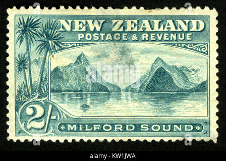 Mitre Peak and Milford Sound, Fiordland, New Zealand, featured on 1898 two shilling stamp Stock Photo