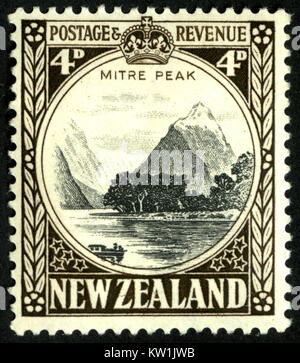 Mitre Peak, Milford Sound, Fiordland, New Zealand featured on 1935 4 pence stamp Stock Photo