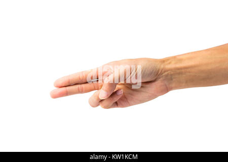 Hand making a gun gesture isolated on white background with clipping path. Stock Photo