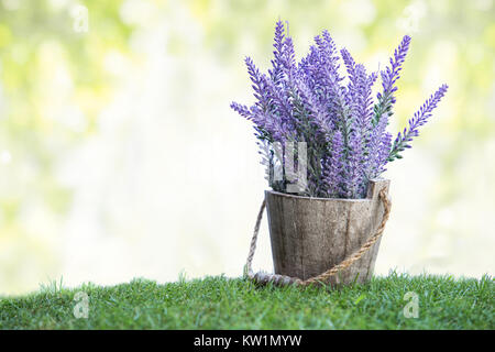 A bunch of violet flowers on a wooden pot in green grass Stock Photo