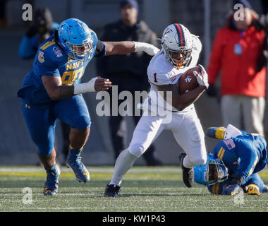 Annapolis, MD, USA. 28th Dec, 2017. University of Virginia Cavaliers TB #1 Jordan Ellis runs with the ball during the Military Bowl between the University of Virginia Cavaliers and the United States Naval Academy Midshipmen at Navy Marine Corps Memorial Stadium in Annapolis, MD. Justin Cooper/CSM/Alamy Live News Stock Photo