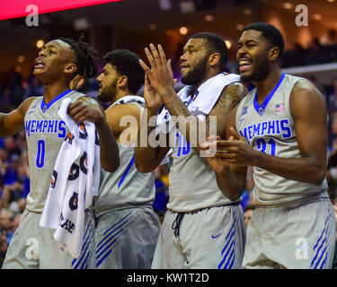 Memphis, USA. 28th Dec, 2017.  Memphis Tigers players celebrate on the sideline, during NCAA D1 basketball action against LSU. LSU defeated the Memphis Tigers, 71-61, at the FedEx Forum. Credit: Cal Sport Media/Alamy Live News Stock Photo
