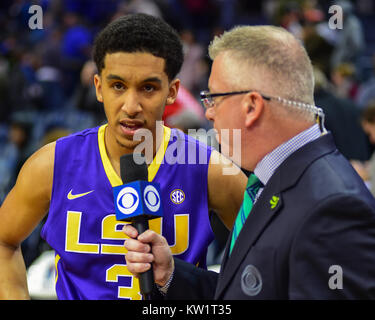 Memphis, USA. 28th Dec, 2017.  LSU, TREMONT WATERS (3), in the post game interview with the CBS media correspondent. LSU defeated the Memphis Tigers, 71-61, at the FedEx Forum. Credit: Cal Sport Media/Alamy Live News Stock Photo