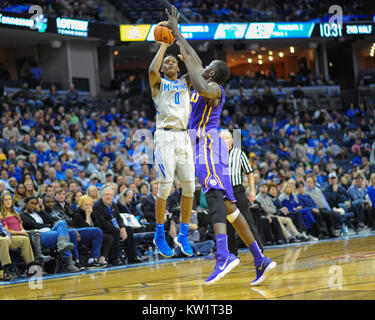 Memphis, USA. 28th Dec, 2017.  Memphis Tigers, KYVON DAVENPORT (0), goes up for the jumper as the LSU defense attempts to block. LSU defeated the Memphis Tigers, 71-61, at the FedEx Forum. Credit: Cal Sport Media/Alamy Live News Stock Photo