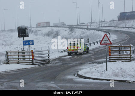 Saddleworth, UK. 29th Dec, 2017. Traffic Police parked at the side of Junction 22 of the  M62, Saddleworth, 29th December, 2017 (C)Barbara Cook/Alamy Live News Stock Photo