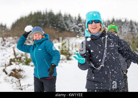 Denbighshire, UK. 29th Dec, 2017. UK Weather. A cold snap with snow causes disruption for many parts of Northern England, Wales, and Scotland with some enjoying the wintry conditions around Llyn Brenig in Denbighshire with a snow ball fight Credit: DGDImages/Alamy Live News Stock Photo