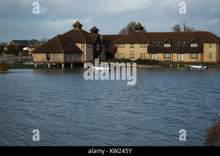 30 December 2017 St Ives Cambridge uk Cars Stranded in hotel car park as river Ouse floods Stock Photo