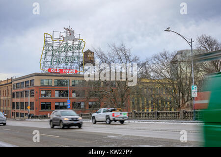 Portland, US - Dec 21, 2017 : Originally installed in 1940, the sign was changed to 'Portland Oregon' in 2010 and is among the most recognizable landm Stock Photo
