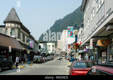 Juneau, Alaska - August 14, 2005: Streets of downtown Juneau in the summer with shops open to tourists. Juneau is the capital city of Alaska. Stock Photo