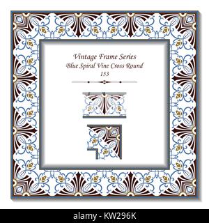 Vintage 3D frame of Blue Spiral Vine Brown Cross Round Stock Vector