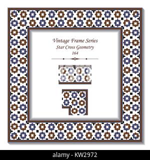 Vintage 3D frame of Retro Brown Blue Islamic Star Cross Geometry Stock Vector