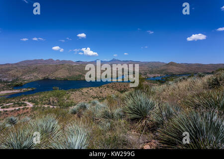 An overview of Patagonia Lake from overlook trail. Patagonia Lake State Park near Nogales, Arizona. Stock Photo