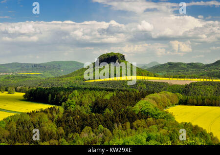 Elbsandsteingebirge, lily stone in the view of the small bear's stone, Lilienstein in der Ansicht vom Kleinen Bärenstein Stock Photo