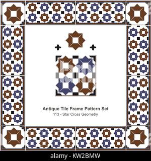 Antique tile frame pattern set Islamic Brown Blue Star Cross Geometry Stock Vector