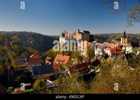 Elbsandstein, town and castle travesty stone, Stadt und Burg Hohnstein Stock Photo