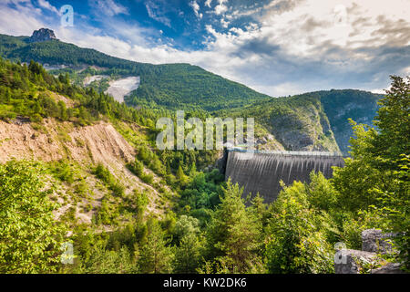 Beautiful view of memorial site at Vajont Dam with the dam in the background in Veneto, Italy Stock Photo