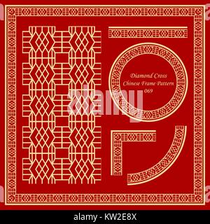Vintage Chinese Frame Pattern Set Diamond Cross Square Stock Vector