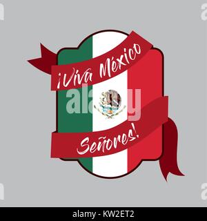viva mexico insignia flag with decorative ribbon around in colorful silhouette Stock Vector