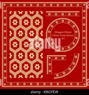 Vintage Chinese Frame Pattern Set oriental polygon hexagon round flower Stock Vector