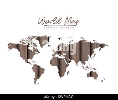 world map floral pattern with gray wood lines on white background Stock Vector