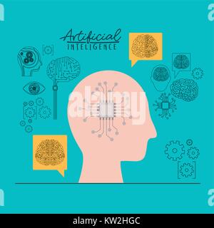 artificial intelligence poster with human head silhouette side view with chip microprocessor inside with aquamarine background Stock Vector