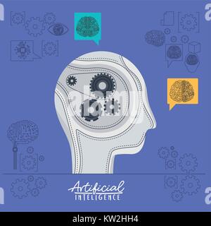 artificial intelligence poster with human head silhouette side view with cogwheels mechanism inside with violet background Stock Vector