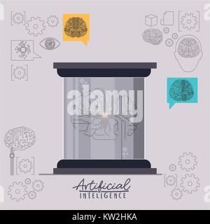 artificial intelligence poster with chip and electronic circuit in shape of brain in transparent container in light gray background Stock Vector