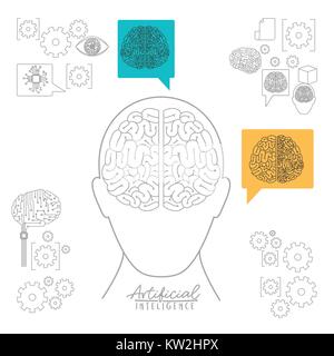 artificial intelligence poster with human head silhouette front view with brain over white background Stock Vector
