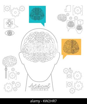 artificial intelligence poster with human head silhouette front view with electronic circuit in shape of brain over white background Stock Vector
