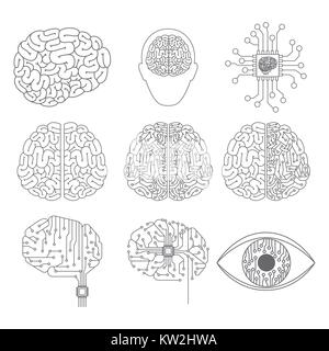 artificial intelligence brains human set in monochrome silhouette Stock Vector