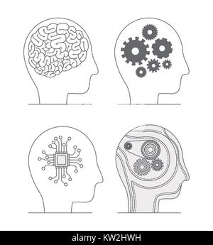 heads side view with human and hybrid brains in monochrome silhouette Stock Vector
