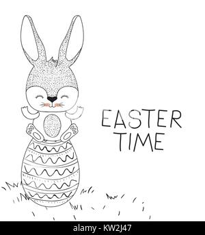 easter time poster with bunny happy expression over easter egg in monochrome silhouette Stock Vector